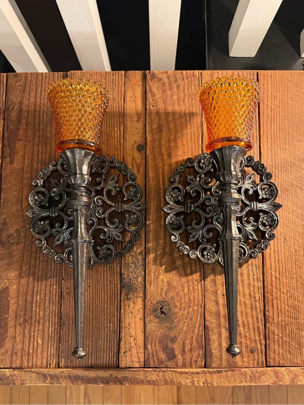 Pair of Vintage Amber Glass Wall Sconces with Ornate Metal Backplate